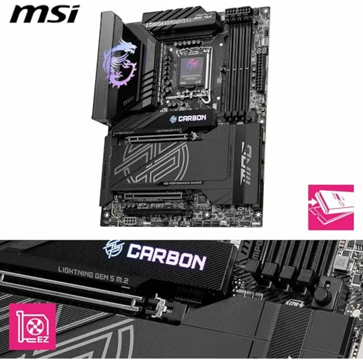 MSI MPG Z890 Carbon WiFi Mainboard, ATX - Unterstützt Intel Core Ultra Prozessoren (Series 2), LGA 1851-110A SPS VRM, DDR5 Memory Boost 9200+ MT/s (OC), PCIe 5.0 x16 & 4.0 x16, M.2 Gen5, Wi-Fi 7 – Bild 3