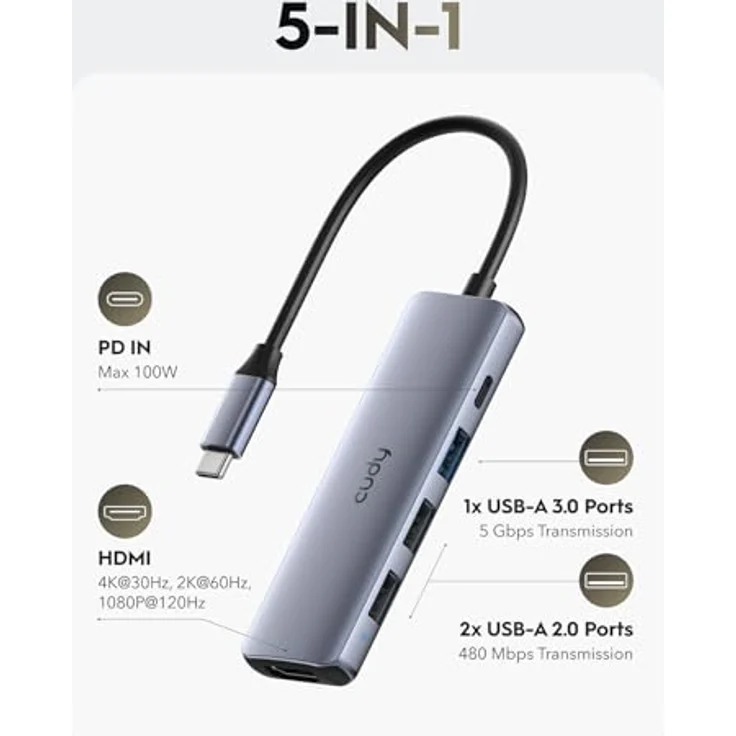 Cudy UH405 USB C Hub, 5-in-1 Multiport Adapter mit 100W PD, 4K HDMI, 3 USB-A Ports, Aluminium für MacBook, Galaxy, Surface, XPS, iPad – Bild 2