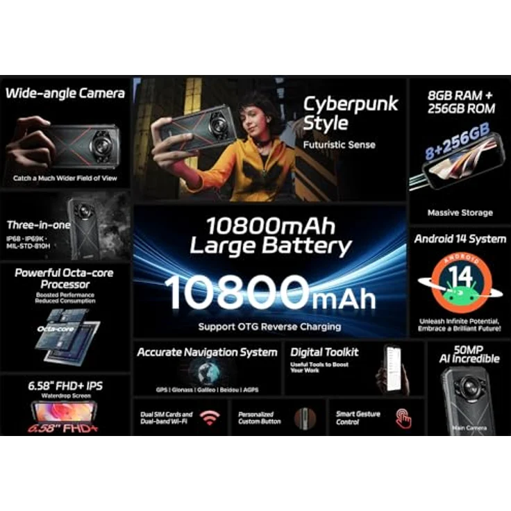 DOOGEE S cyber Smartphone (6.58 Zoll, 50 MP Kamera, Android 14.0, 20 GB+256 GB, 10800mAh, NFC, OTG) – Bild 2