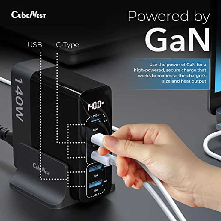CubeNest 140W USB Ladestation | 2 x USB A + 3 x USB C Ladegerät mit LCD Display | GaN Ladegerät USB C | PD 3.0, 5-Port Power Adapter kompatibel mit MacBook Pro/Air, iPhone 14 Pro Max/Pro/14 usw. – Bild 4