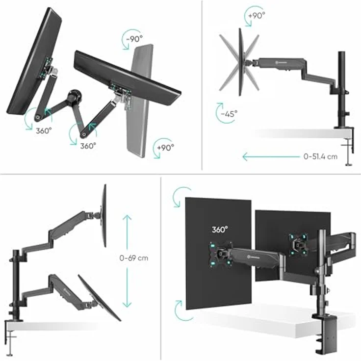 ONKRON G140-B Monitor-Halterung für 2 Monitore 13-32 Zoll, neigbar, schwenkbar, drehbar, Gasdruckfeder, VESA 75x75-100x100, Kabelmanagement, bis 8 kg pro Arm – Bild 4