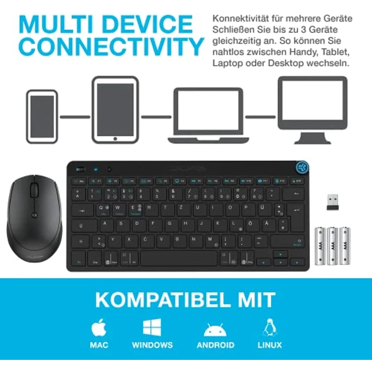 JLab Go GO Wireless Bluetooth Tastatur und Maus-Set DE-Layout, Mehrere Verbindungsoptionen, Multifunktionaler Medienregl – Bild 2
