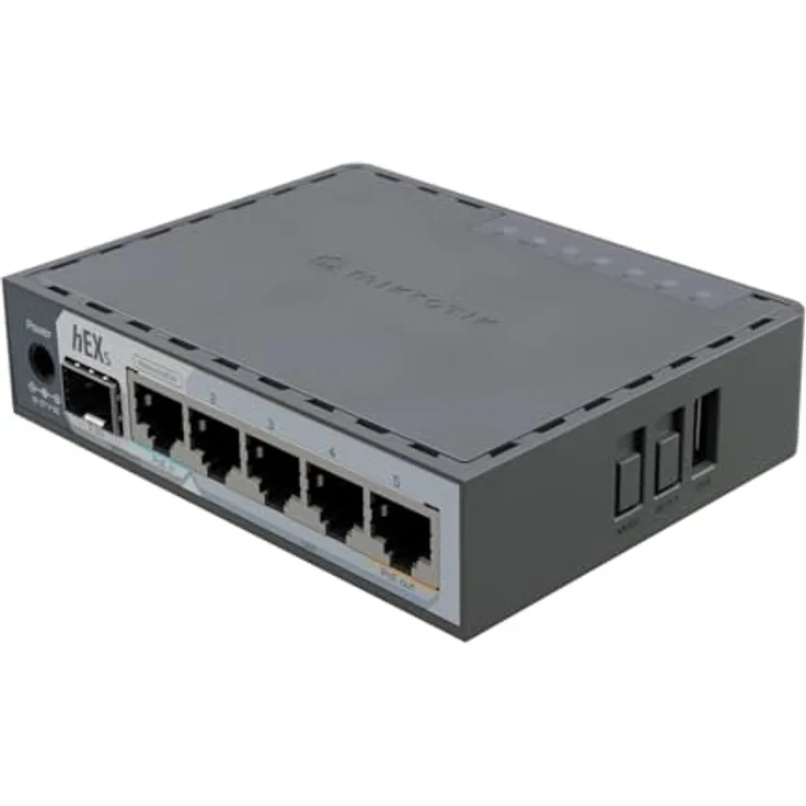 MikroTik hEX S (2025), kompakter Router mit 5× Gigabit-Ethernet-Ports und 2,5-Gigabit-SFP-Käfig, Schwarz