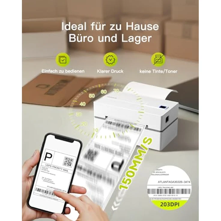 Inateck Bluetooth Thermo-Etikettendrucker, 4x6 Versandetikettendrucker mit schnellem Druck von 150 mm/s, USB und App-kompatibel für iOS und Android – Bild 6