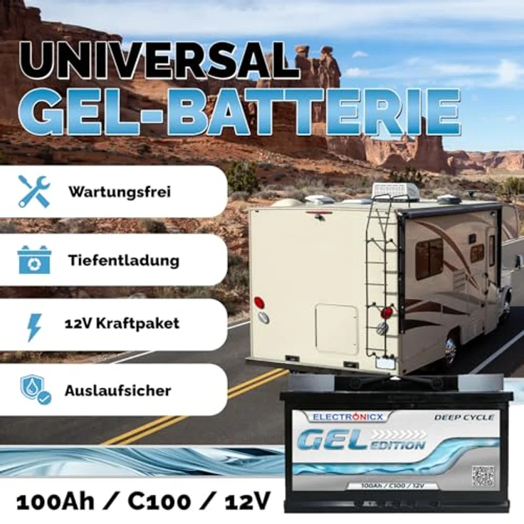 Electronicx GEL Batterie 100 AH 12V, wartungsfreie Versorgungsbatterie für Freizeit und Marine, temperaturrobust bis 60°C, kippbar bis 90° – Bild 2