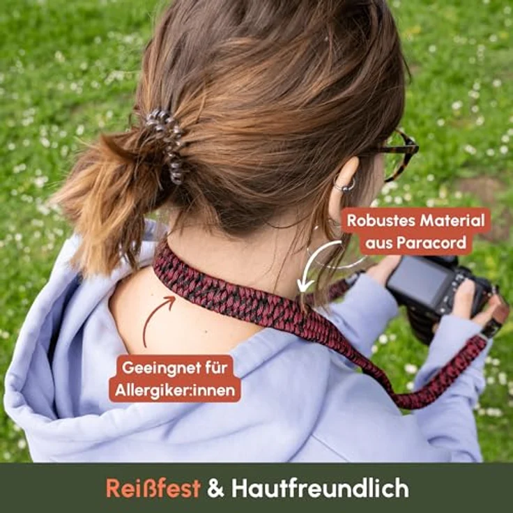 C-Rope Kameragurt THE TRAVELER handgeflochten aus Paracord, Schultergurt mit Schnellverschluss, 140cm, Schwarz-Rot – Bild 3