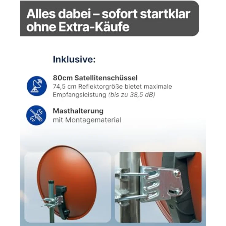 SCHWAIGER Satellitenschüssel Ø 80 cm, Aluminium Offset Antenne in Ziegelrot, wetterfest, Multifeed geeignet, LNB Tragarm & Masthalterung, max. Empfangsleistung 38,5 dB – Bild 3