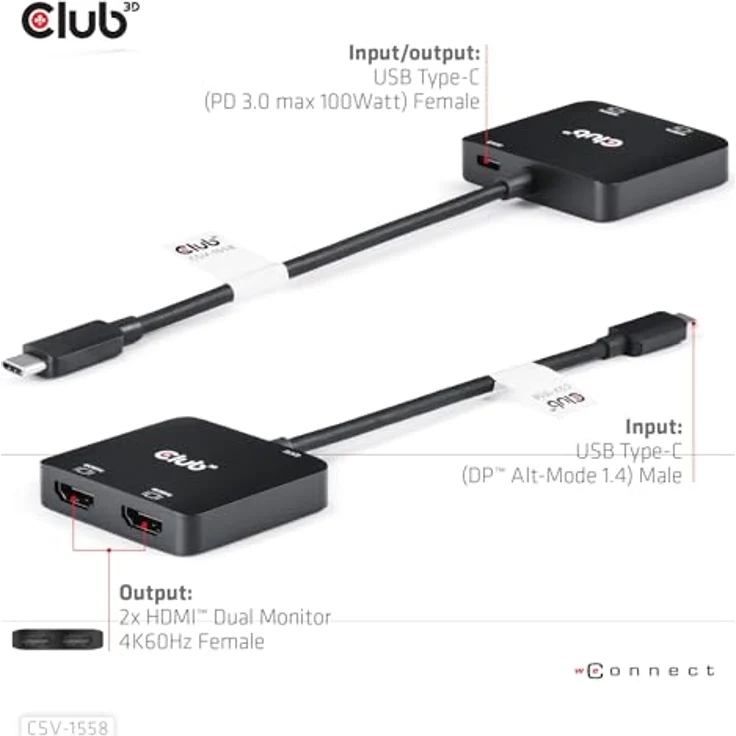 Club3D CSV-1558 USB Typ-C zu Dual HDMI™ 4K60Hz + PD 100 Watt – Bild 2