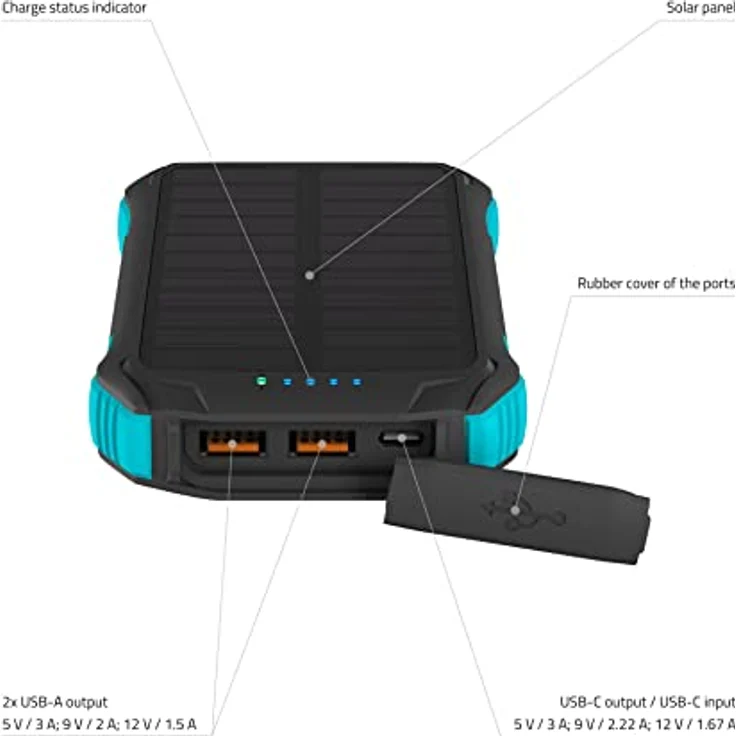 Lamax Journey 12000mAh Outdoor-Powerbank mit Solarmodul und Schnellladefunktion, IP65 Wasserdichtheit, 18 LEDs Lampe, 332g, in schwarz – Bild 4