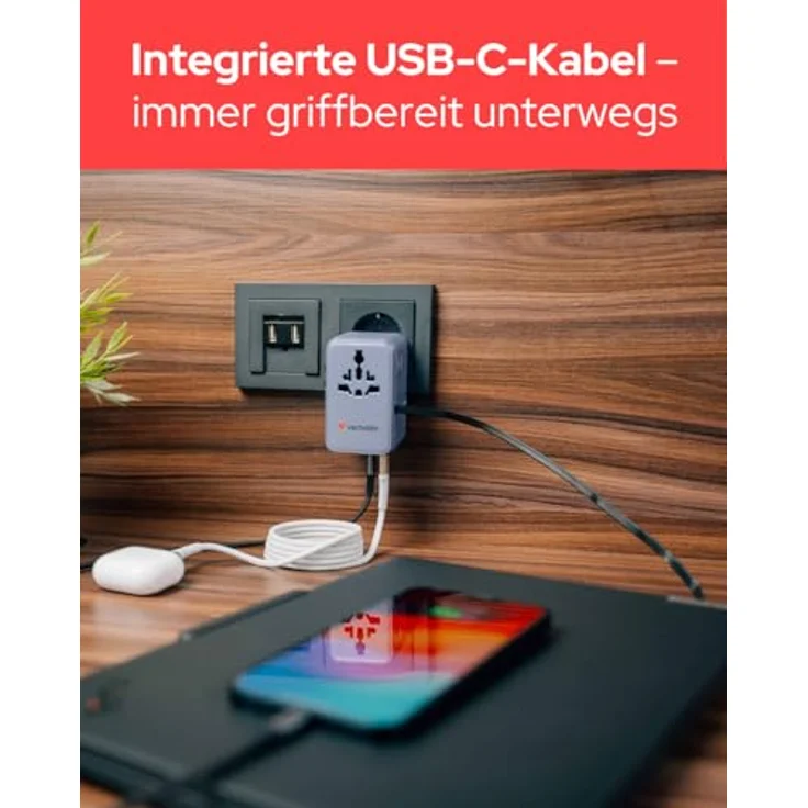 Verbatim Charge 'N' Travel 100W, Universal-Reiseadapter mit integriertem USB-C Kabel, lila – Bild 7