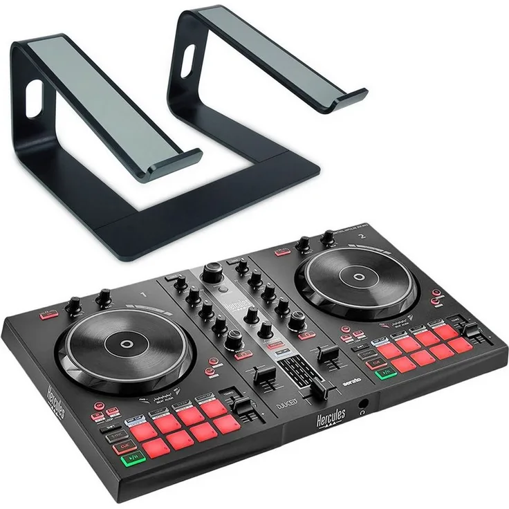 HERCULES DJ Controller Inpulse 300 MK2, USB DJ Controller mit integrierter Soundkarte und keepdrum RS102BK Laptopständer in Schwarz
