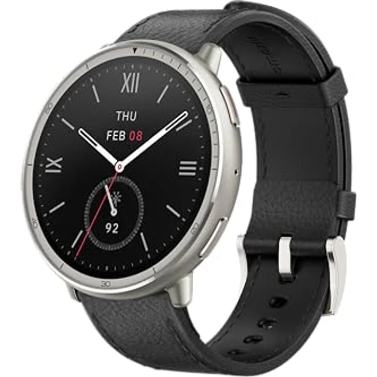Amazfit Active 2 Premium – Edelstahl, schwarzes Lederarmband, 1,32" AMOLED, GPS, iOS & Android kompatibel, Unisex – Bild 1