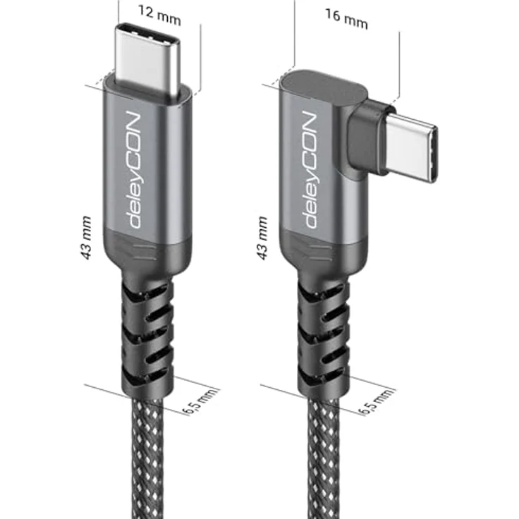 deleyCON 0,5m USB-C Kabel gewinkelt 90° (60W Schnellladekabel) mit PD 3.0 für iPhone 17/16/15, Galaxy A16/A56/S25/S24/S23, Pixel, iPad, MacBook, robustes Nylon mit Knickschutz – Bild 2
