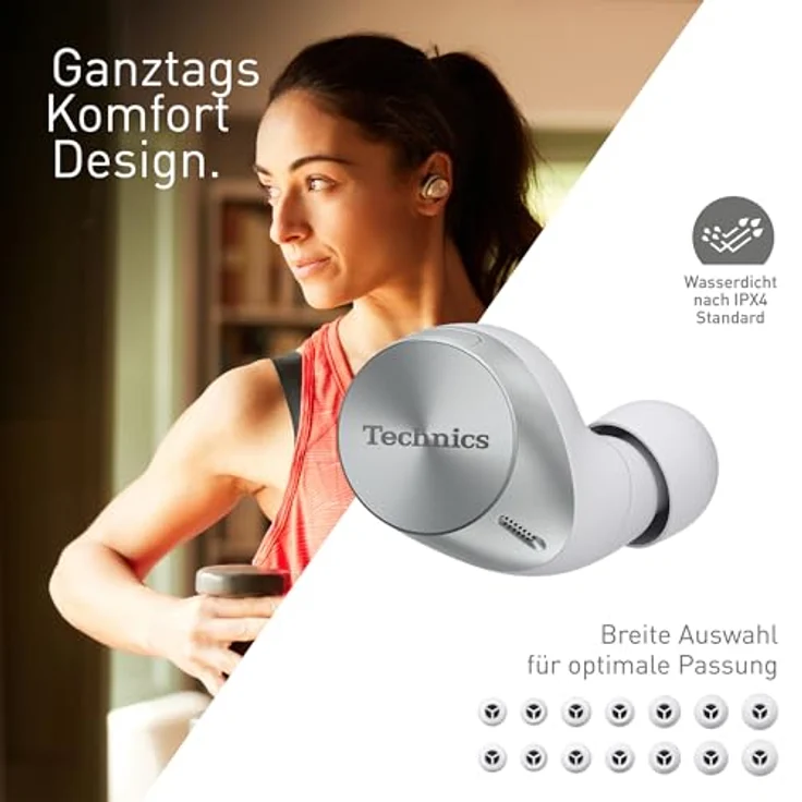 Technics EAH-AZ60M2ES kabellose Ohrhörer mit Noise Cancelling, Multipoint Bluetooth, komfortable In-Ear-Kopfhörer mit integriertem Mikrofon, anpassbare Passform, bis zu 7 Stunden Wiedergabe, Silber. – Bild 3