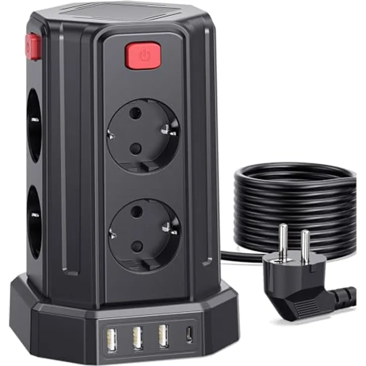 Sameriver Steckdosenleiste 8-fach mit 4 USB-Anschlüssen, Überspannungsschutz und 3M Verlängerungskabel, Steckdosenturm für Zuhause und Büro