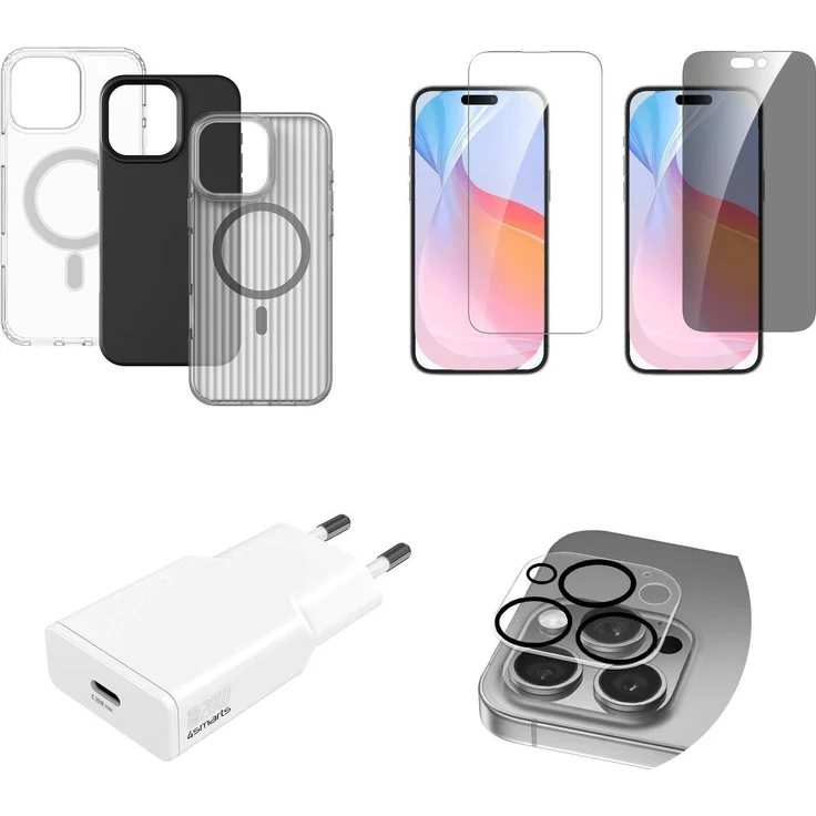 4smarts 7 in 1 Value Set für Apple iPhone 16 Pro, Smartphoneschutz mit 2 Schutzgläsern, 3 Schutzhüllen, Kameraglas und 20W Netzadapter, transparent