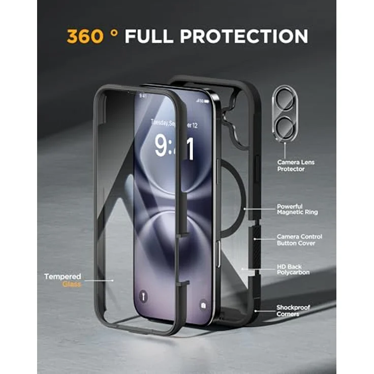 Miracase 360 Grad iPhone 16 Plus Hülle mit Magsafe, Komplettschutz, Magnetisch, Stoßfest, Eingebauter 9H Glas Displayschutz, 6,7 Zoll, Schwarz – Bild 3