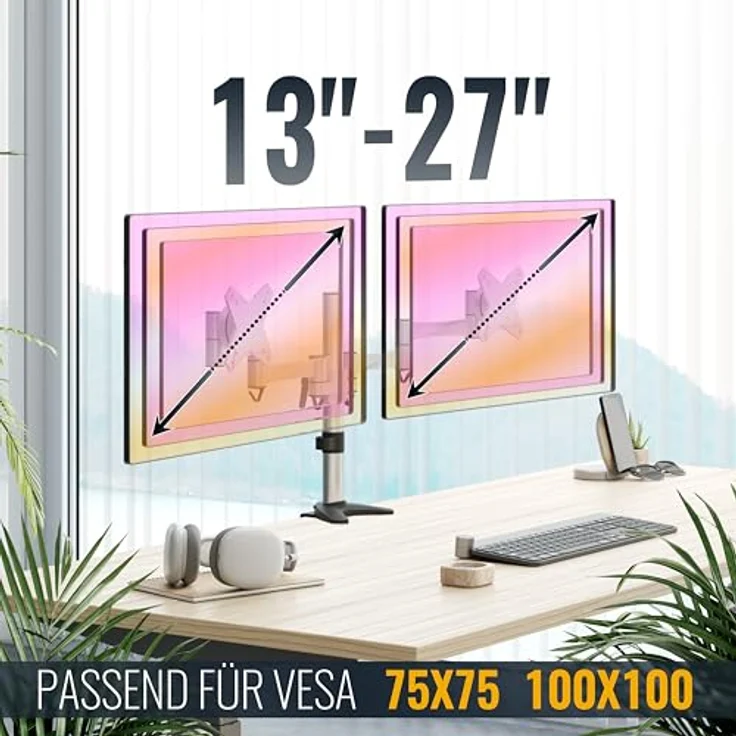 RICOO Monitor Tischhalterung für 2 Monitore Monitorhalterung TS3311 Monitorständer Schwenkbar Neigbar Höhenverstellbar Schreibtisch Bildschirmständer Tisch Ständer Monitorhalterungen VESA 75x75 100x100 / Silber – Bild 6