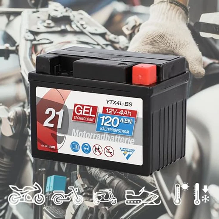 Cartec Gel Motorradbatterie YTX4L-BS 4Ah 120A, wartungsfrei, auslaufsicher, ideal für Mofas und Motorräder – Bild 7