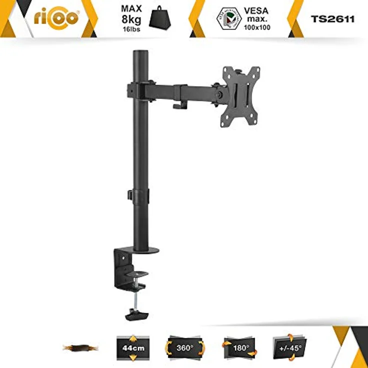 RICOO Monitor Halterung Tisch, VESA Tischhalterung für 13-32 Zoll, Monitorhalterung 1 Monitor Arm TS2611, Bildschirmhalterung Neigbar Schwenkbar Monitorarm Bildschirm Halterung Halter Monitorhalter – Bild 2