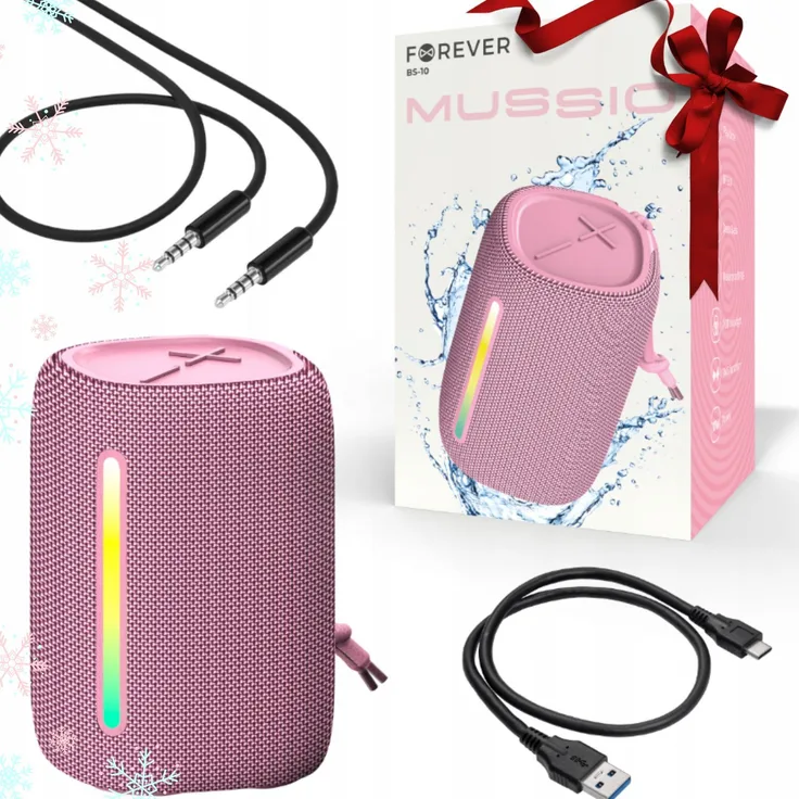 FOREVER BS-10 LED, Tragbarer Bluetooth Lautsprecher 10W in Rosa, IPX6 wasserdicht, 360° TWS Stereo Sound, bis zu 5 Stunden Akku, mit eingebautem Mikrofon
