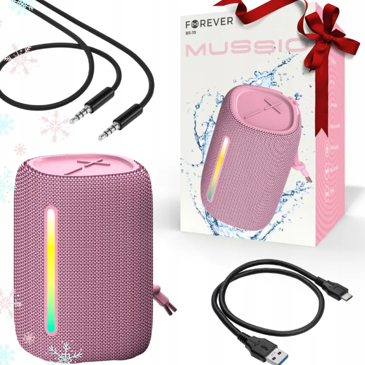 FOREVER BS-10 LED, Tragbarer Bluetooth Lautsprecher 10W in Rosa, IPX6 wasserdicht, 360° TWS Stereo Sound, bis zu 5 Stunden Akku, mit eingebautem Mikrofon