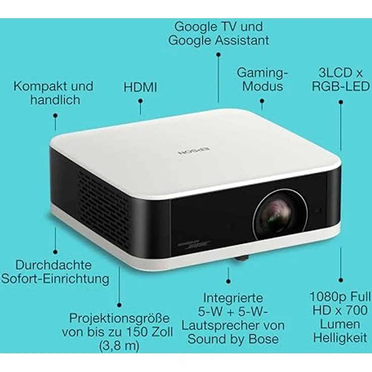 Epson Lifestudio Pop EF-61W, tragbarer Smart-Projektor mit Sound by Bose, Google TV, Full HD, 700 Lumen, diamantweiß, 5 Jahre Geräteschutz – Bild 2