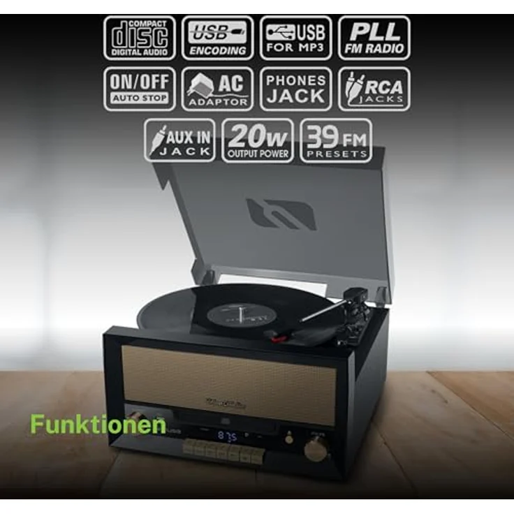Muse MT-110 B Retro Stereo-Anlage mit Plattenspieler, Bluetooth, CD-Player und Radio mit USB für Wiedergabe und Aufnahme, schwarz – Bild 6