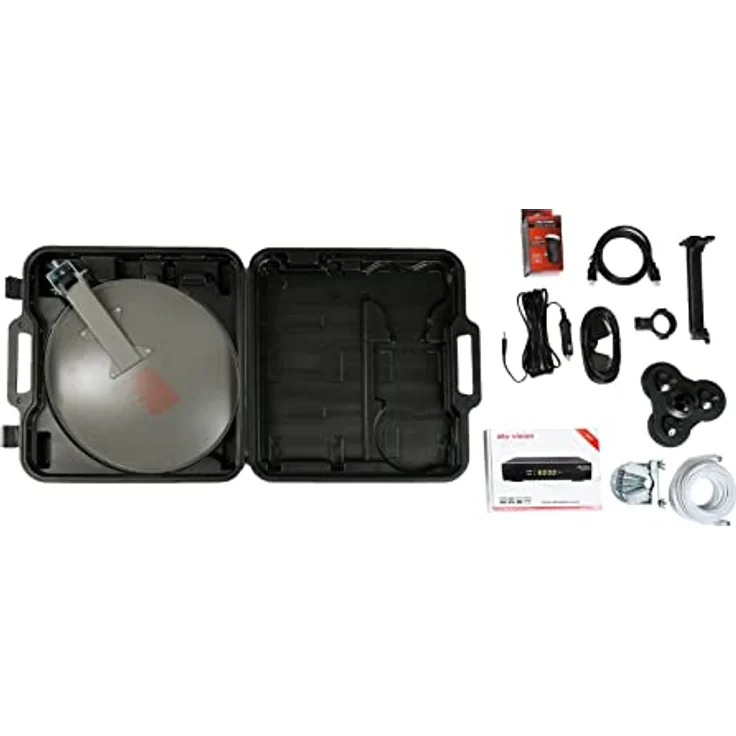 SKY VISION Camping Sat Anlage für den mobilen Gebrauch, Stahl Satellitenschüssel Komplettset mit Single Universal LNB und HDTV Satelliten Receiver, Sat Schüssel 40 cm mit 10 m Anschlusskabel – Bild 2