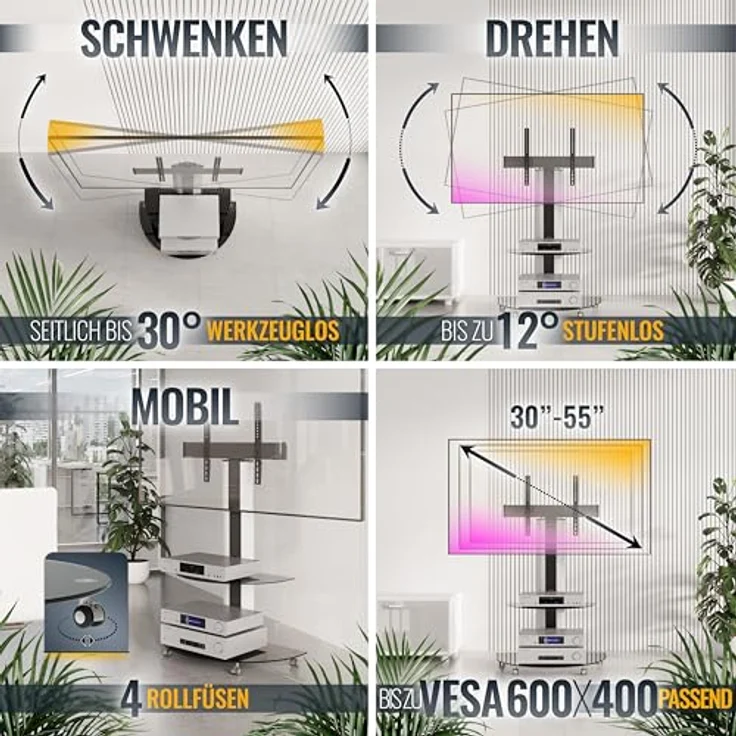 RICOO TV Ständer Rollbar Höhenverstellbar für 30-55 Zoll - Universal TV Ständer mit Rollen FS0502 - TV Stand - TV Standfuss Fernseher Standfuss bis 30 Kg, max. VESA 600x400 mm TV Ständer 55 Zoll, schwarz – Bild 3