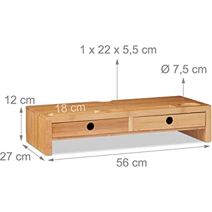 Monitorständer, aus Bambus, Bildschirmerhöhung mit 2 Schubladen & Ablagen, Schreibtisch, HBT 12x56x27cm, natur – Bild 5