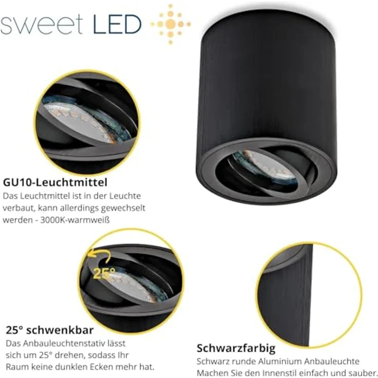 Sweet Led Aufbaustrahler GU10 aus Aluminium - Deckenspot 5W 3000K warmweiß 230V schwarz gebürstet - Aufbauspot in Rund schwenkbar – Bild 2