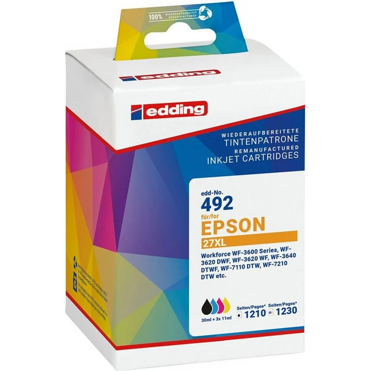 edding Tintenpatrone Set für Epson T27XL, 4-tlg. (schwarz, cyan, magenta, gelb), hohe Seitenleistung bis 1300 Seiten (schwarz) und 1200 Seiten (je Farbe)