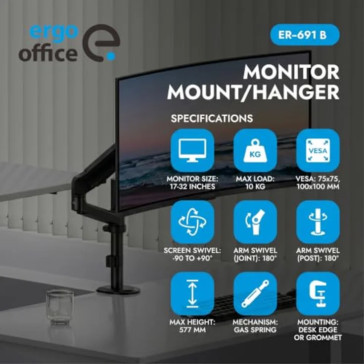 Ergo Office Monitor-Halterung ER-691, Gasfeder für 17–32 Zoll Monitore, stufenlos höhenverstellbar, Tragkraft bis 10 kg, VESA 100×100 – Bild 7