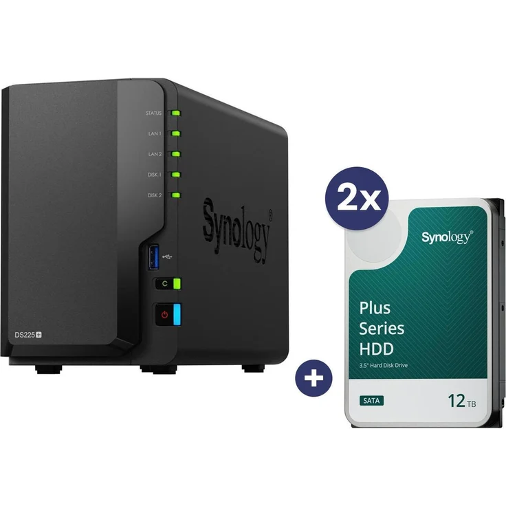 Synology DiskStation DS225+, 2 Einschübe NAS-Server Leergehäuse mit 2x 12 TB SATA Festplatten