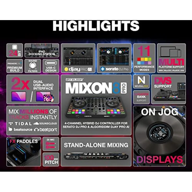 Reloop Mixon 8 Pro | 4-Kanal -Multi-Platform-Performance-Controller für Serato & djay, Jogwheel -Displays & 4 Instant-FX-Kippschalter, Dual-Audio-Interface mit USB-C & Stand-Alone-Mixing, Schwarz – Bild 2