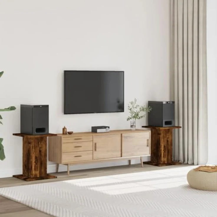 vidaXL Lautsprecherständer 2er Set, Hohe Boxenständer aus Räuchereiche Holzwerkstoff, Stabile Oberfläche und hohles Design für verbessertes Audio-Hörerlebnis – Bild 2