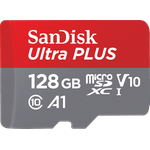 SanDisk Ultra® PLUS microSDXC™‐UHS‐I‐Karte, 128 GB, 150 MB/s, A1-App-Leistung, Full-HD Video, wasserdicht, temperaturbeständig, stoßfest, röntgensicher