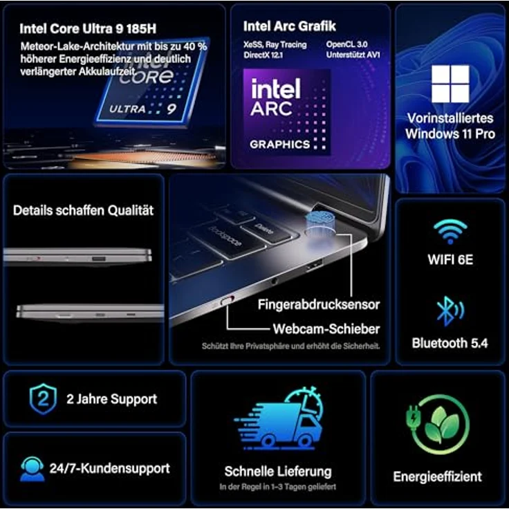 GEEKOM GeekBook X14 Pro, 14" 2.8K OLED Laptop, 999 g, Intel Core Ultra 9-185H, 32GB RAM, 2TB SSD, bis zu 16 h Akku, Windows 11 Pro, Fingerprint-Sensor – Bild 2