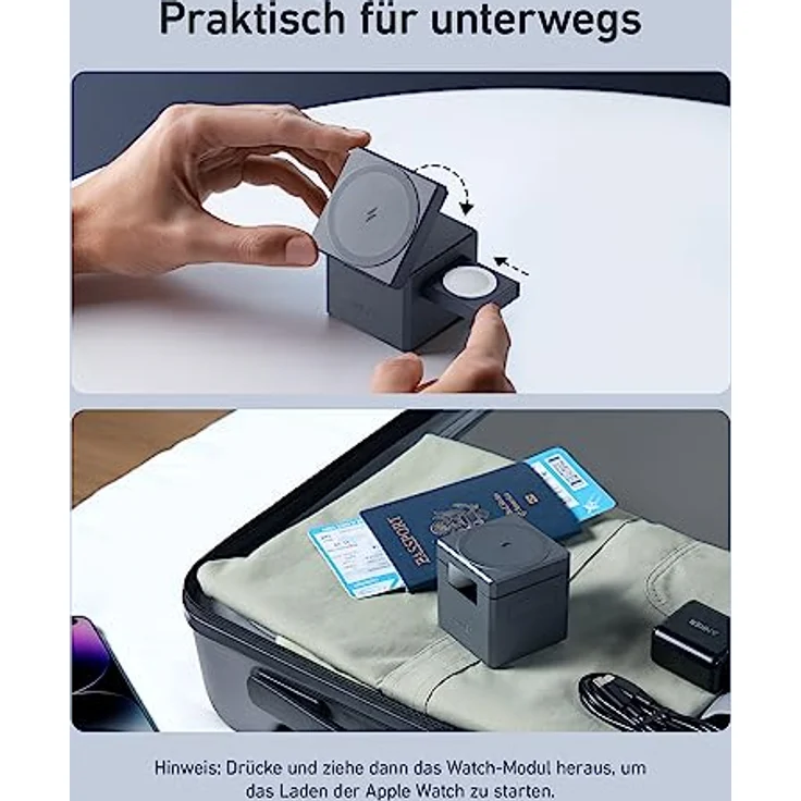 Anker 3-in-1 Cube mit MagSafe, 15W kabellose Höchstladeleistung, Kompatibel mit iPhone 14/13 / 12 Serien, Apple Watch Serie 1-7 / SE, und AirPods Pro / 3/2 (Inklusive 30W Netzteil) – Bild 4