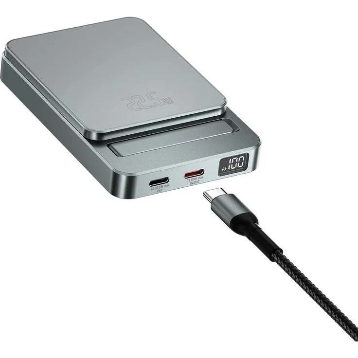4smarts Wireless Powerbank OneStyle 5000mAh MagSafe-kompatibel, grau mit LCD-Display und integrierter Halterung