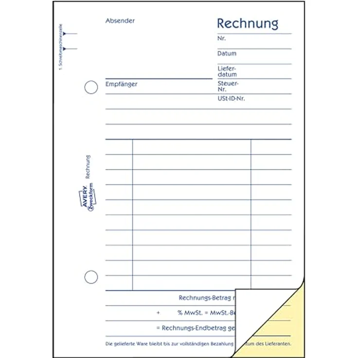 Avery Zweckform Formularblock Rechnung A6 hoch, selbstdurchschreibend, 2x40 Blatt, gelb, Mikroperforation, inkl. Abheftlochung – Bild 2