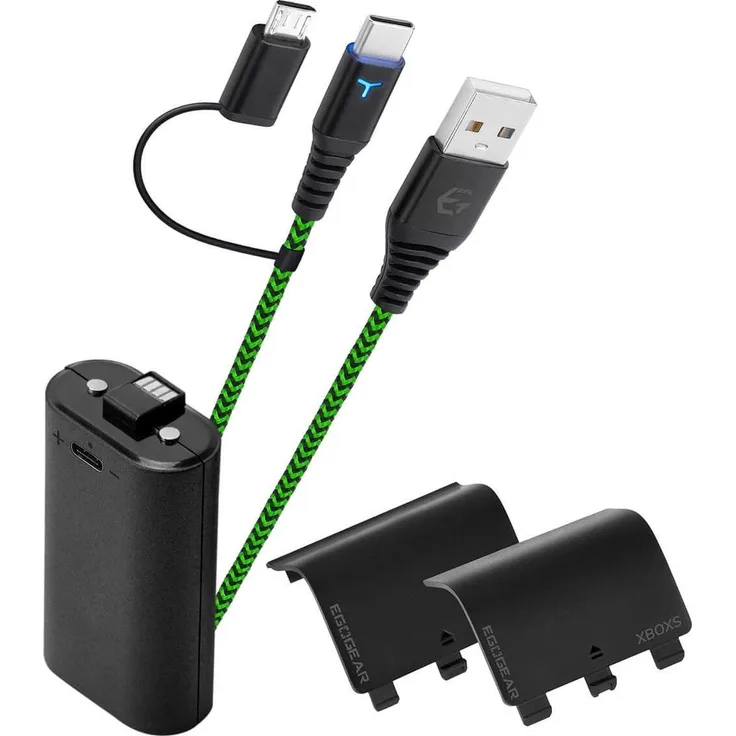 Egogear Play & Charge Kit SCH10, 3 m USB-Kabel für Xbox Series X S und Xbox One, Schwarz und Grün, USB 3.0 mit vergoldeten Kontakten