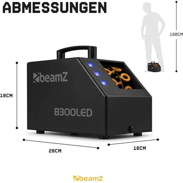 BeamZ B300 LED Seifenblasenmaschine, kabellose Fernbedienung, RGB Lichteffekt mit 3 x 3W LEDs, ABS-Kunststoff – Bild 8