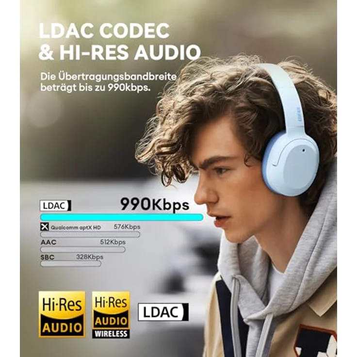 Edifier W820NB Plus Hybrid Aktiver Geräuschunterdrückung Kopfhörer - LDAC Codec - Hi-Res Audio Wireless & Wired - Schnelllade - 49 Stunden Spielzeit - Over Ear Bluetooth V5.2 Kopfhörer - Blau – Bild 3