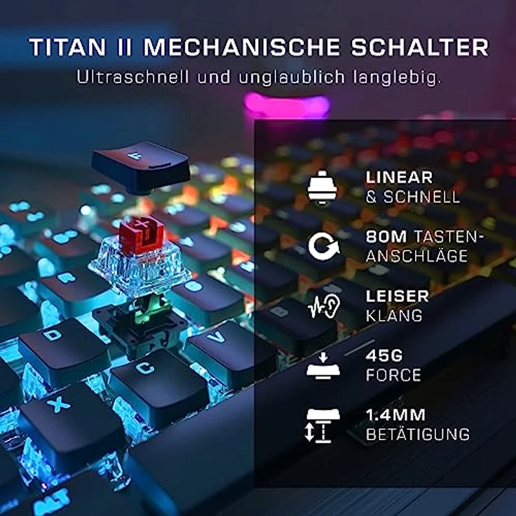 Roccat Vulcan II – Mechanische PC Gaming-Tastatur, anpassbare RGB-Beleuchtung, abnehmbare Handballenauflage, Titan II Linear Schalter, Aluminiumplatte, Schwarz – Bild 2