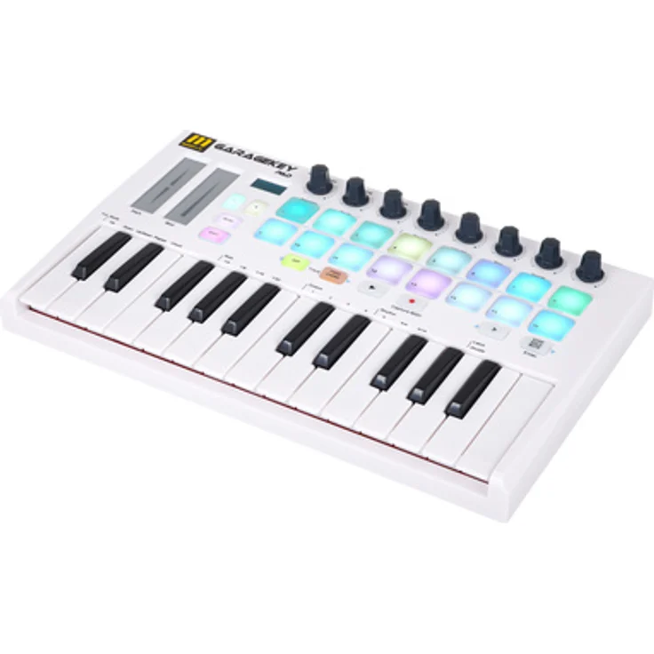 Miditech Garagekey PAD, USB Midi-Controller mit 25 anschlagdynamischen Minitasten, 16 RGB-Pads, 8 Drehreglern und OLED-Display