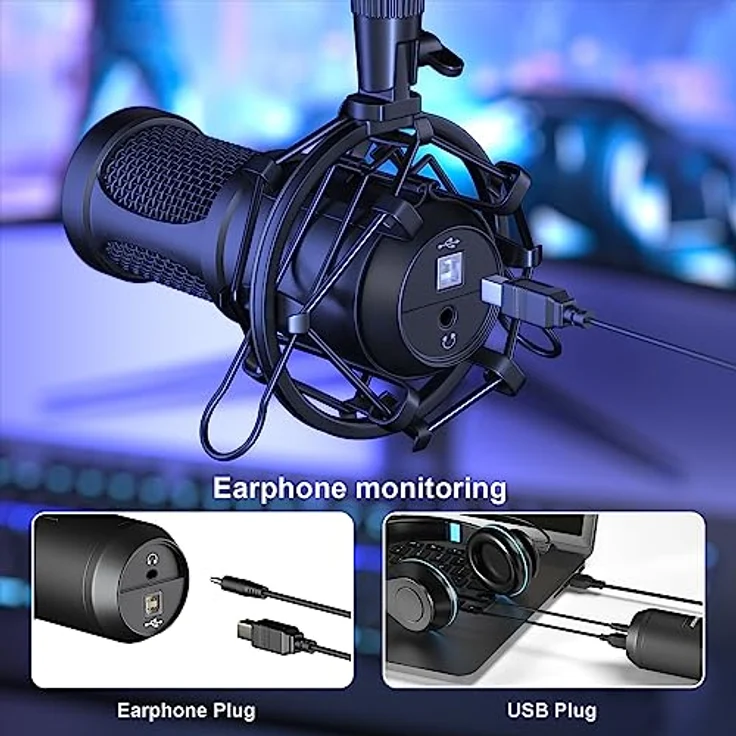 aokeo USB Mikrofon Set, 192kHz/24bit Kondensatormikrofon mit Mikrofonständer, Popfilter, Windschutz, für Podcasting und Streaming – Bild 4