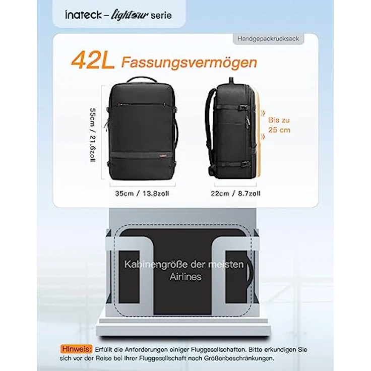 Inateck 42L Supergroßer Handgepäck Reiserucksack für 15,6 Zoll Laptop Notebooks, Flug Genehmigt Kabinenrucksack - Schwarz – Bild 5
