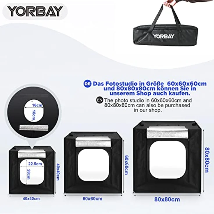 Yorbay Fotostudio Set LED-Fotobox 40 x 40 x 40cm CRI 95+ inkl. 4 PVC-Hintergrundfolien (schwarz, weiß, grau, rot) – Bild 2